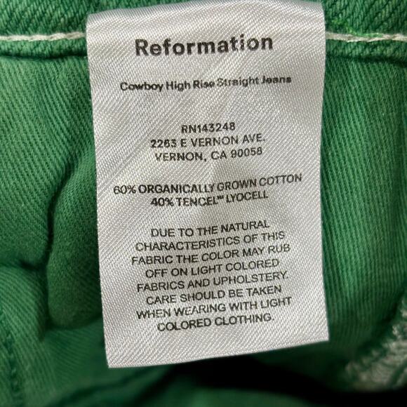 Reformation Size 25 Green Cowboy High Rise Straight Jeans Organic Cotton - Picture 5 of 7